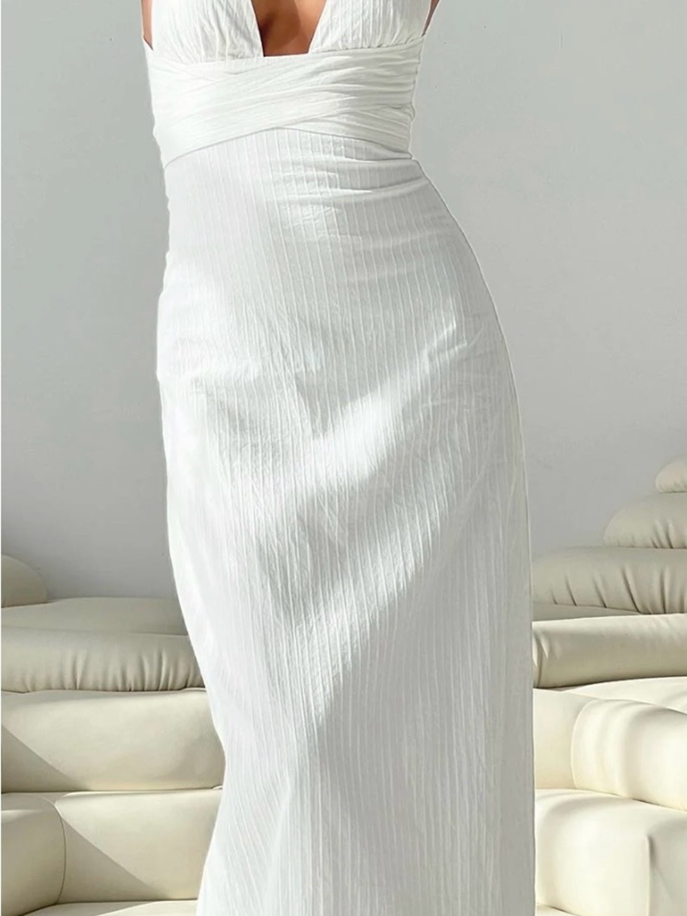 Elegant White Maxi dress - Women's Ribbed Finish